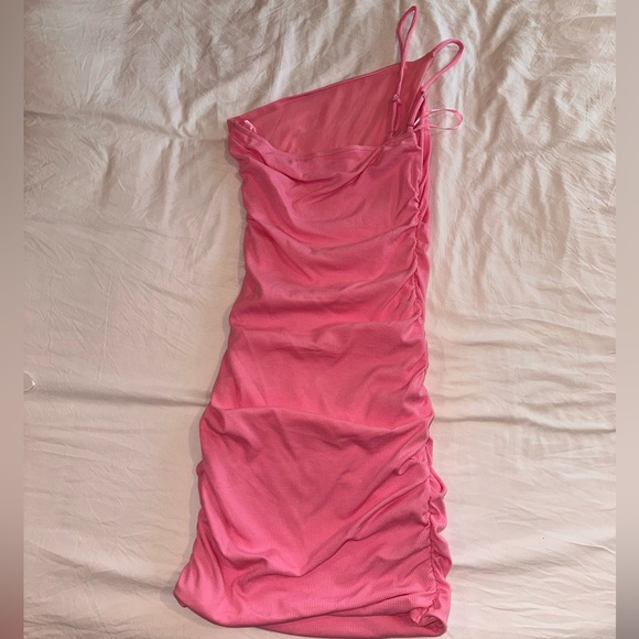 Princess Polly Pink Ribbed Ruched Bodycon One Shoulder Mini Dress Size 6 - Picture 2 of 5